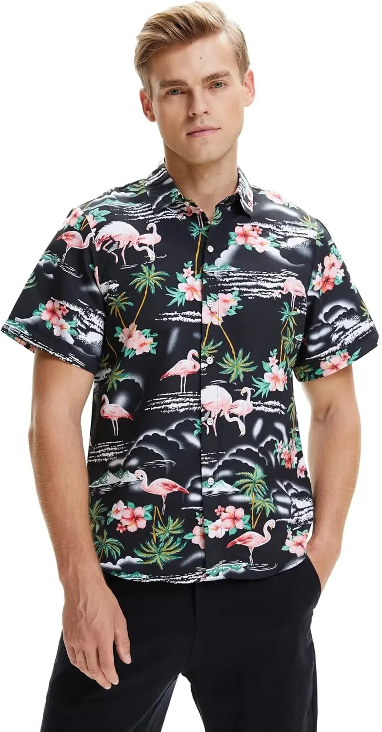 SSLR Pack Hawaiian Shirt for Men Flamingo Short Sleeve Casual Button Down Shirts Summer Beach Shirt