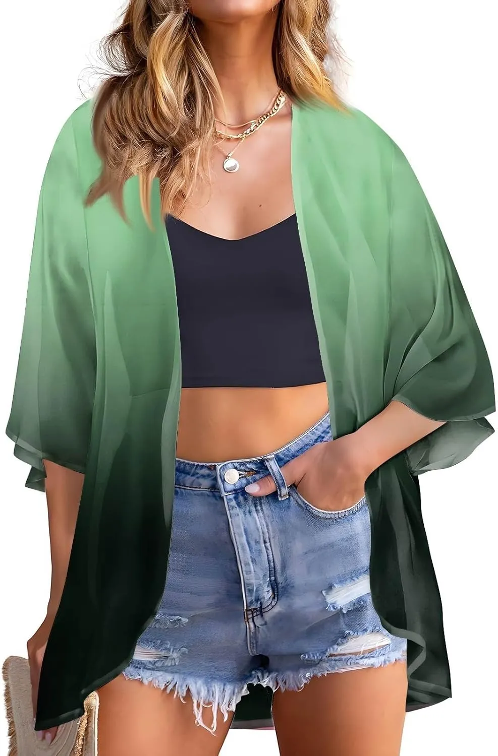 Summer Lightweight Cardigans for Women Casual Chiffon Kimono 3/4 Length Sleeve Tops Breathable Swim Beach Cover Up