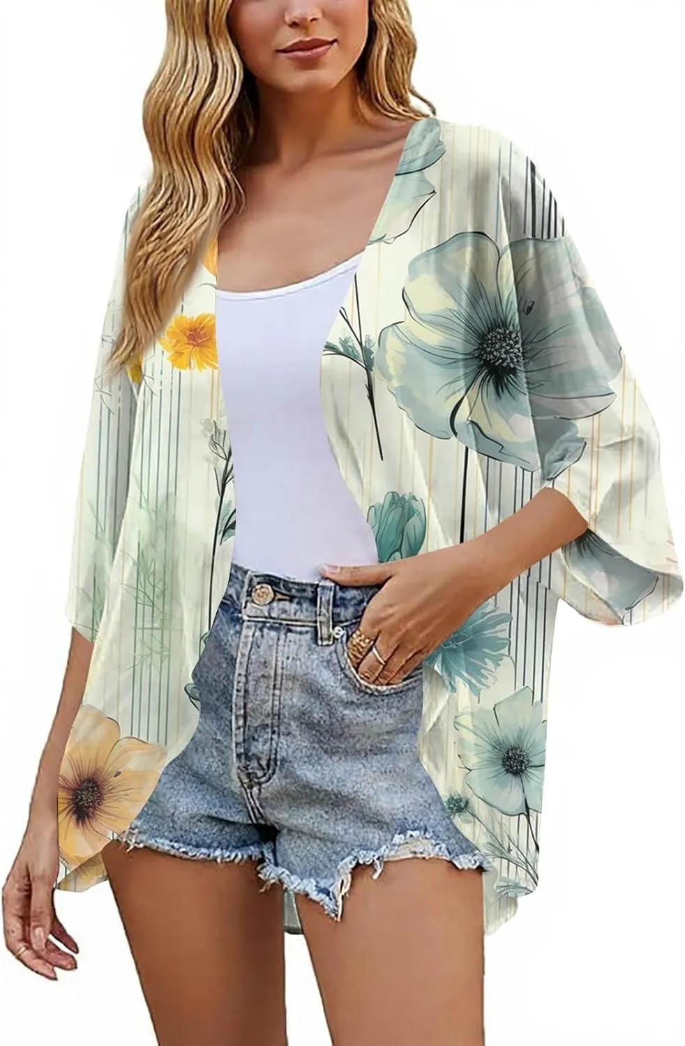 Summer Lightweight Cardigans for Women Casual Chiffon Kimono 3/4 Length Sleeve Tops Breathable Swim Beach Cover Up