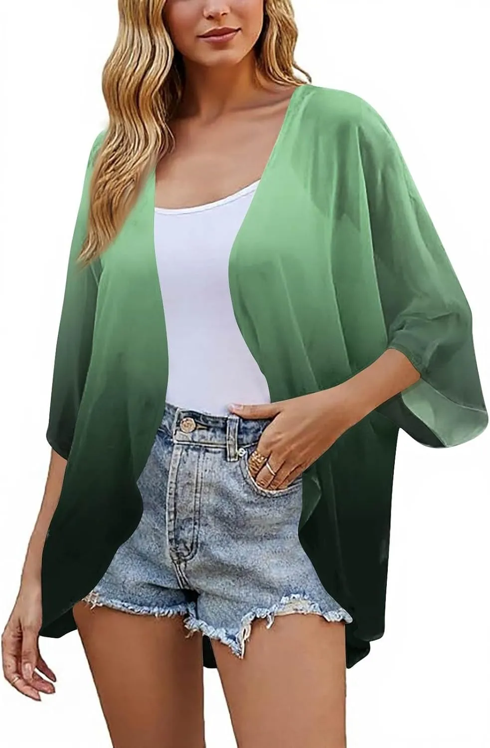 Summer Lightweight Cardigans for Women Casual Chiffon Kimono 3/4 Length Sleeve Tops Breathable Swim Beach Cover Up