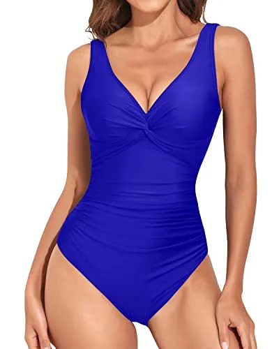 V Neck One Piece Swimsuit For Women Vintage Twist Bathing Suit-Royal Blue