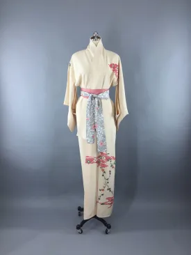 Vintage 1940s Silk Kimono Robe / Art Deco Ivory and Pink Floral