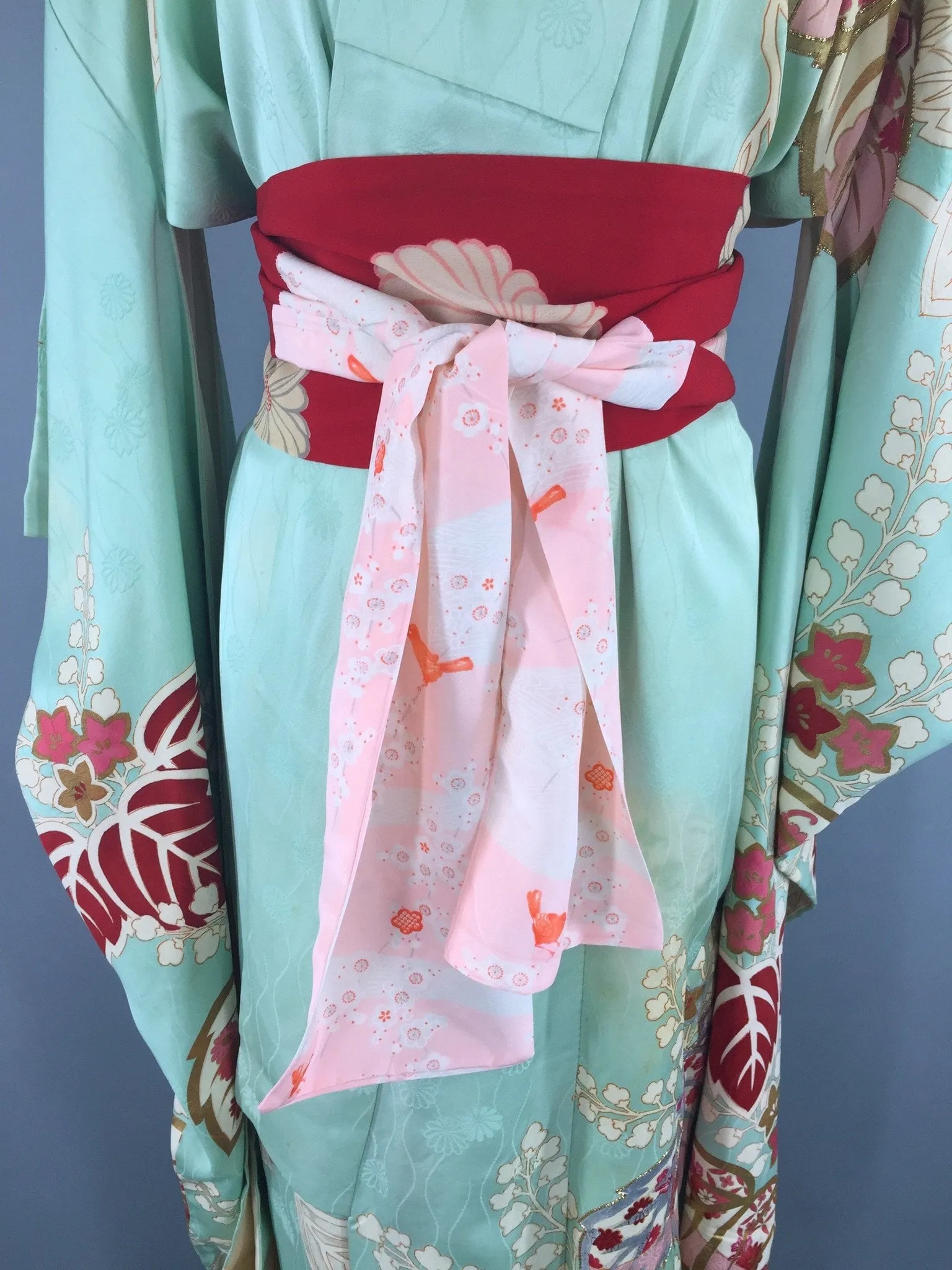 Vintage 1950s Silk Kimono Robe / Aqua & Red Floral Print Furisode