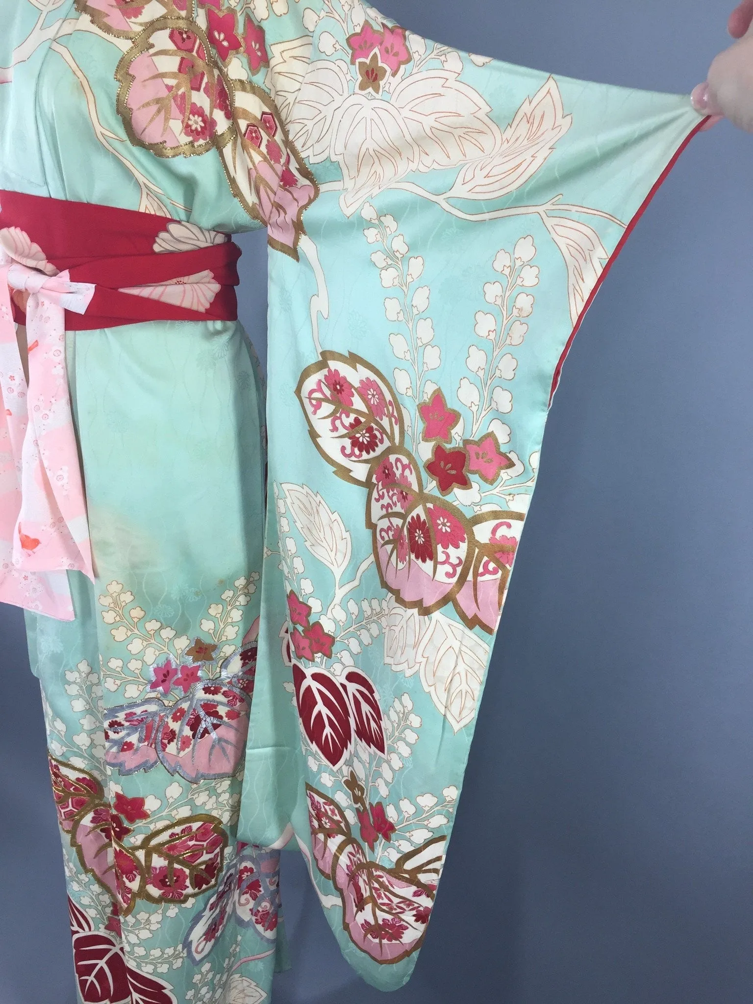 Vintage 1950s Silk Kimono Robe / Aqua & Red Floral Print Furisode