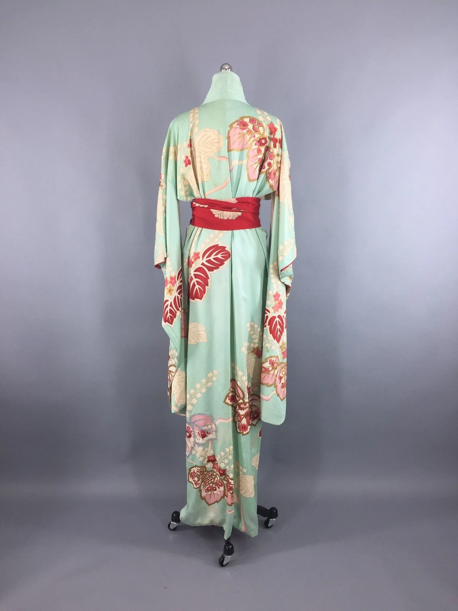 Vintage 1950s Silk Kimono Robe / Aqua & Red Floral Print Furisode