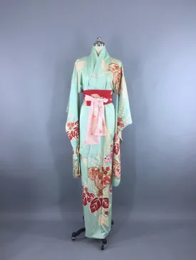 Vintage 1950s Silk Kimono Robe / Aqua & Red Floral Print Furisode