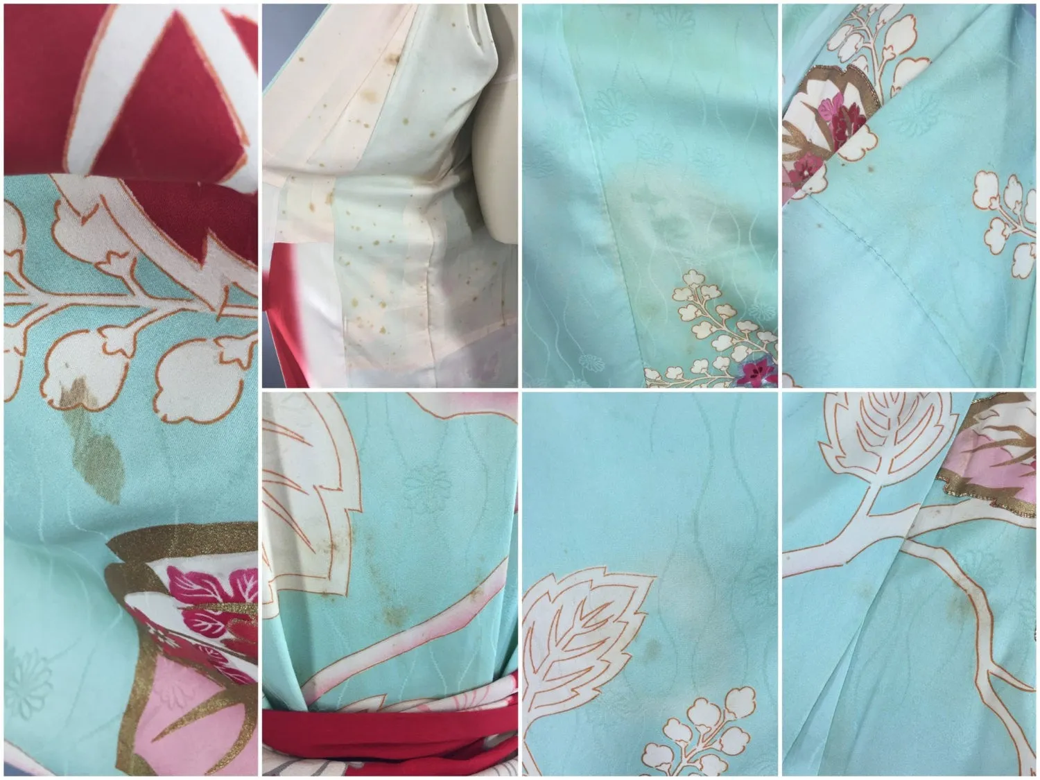 Vintage 1950s Silk Kimono Robe / Aqua & Red Floral Print Furisode