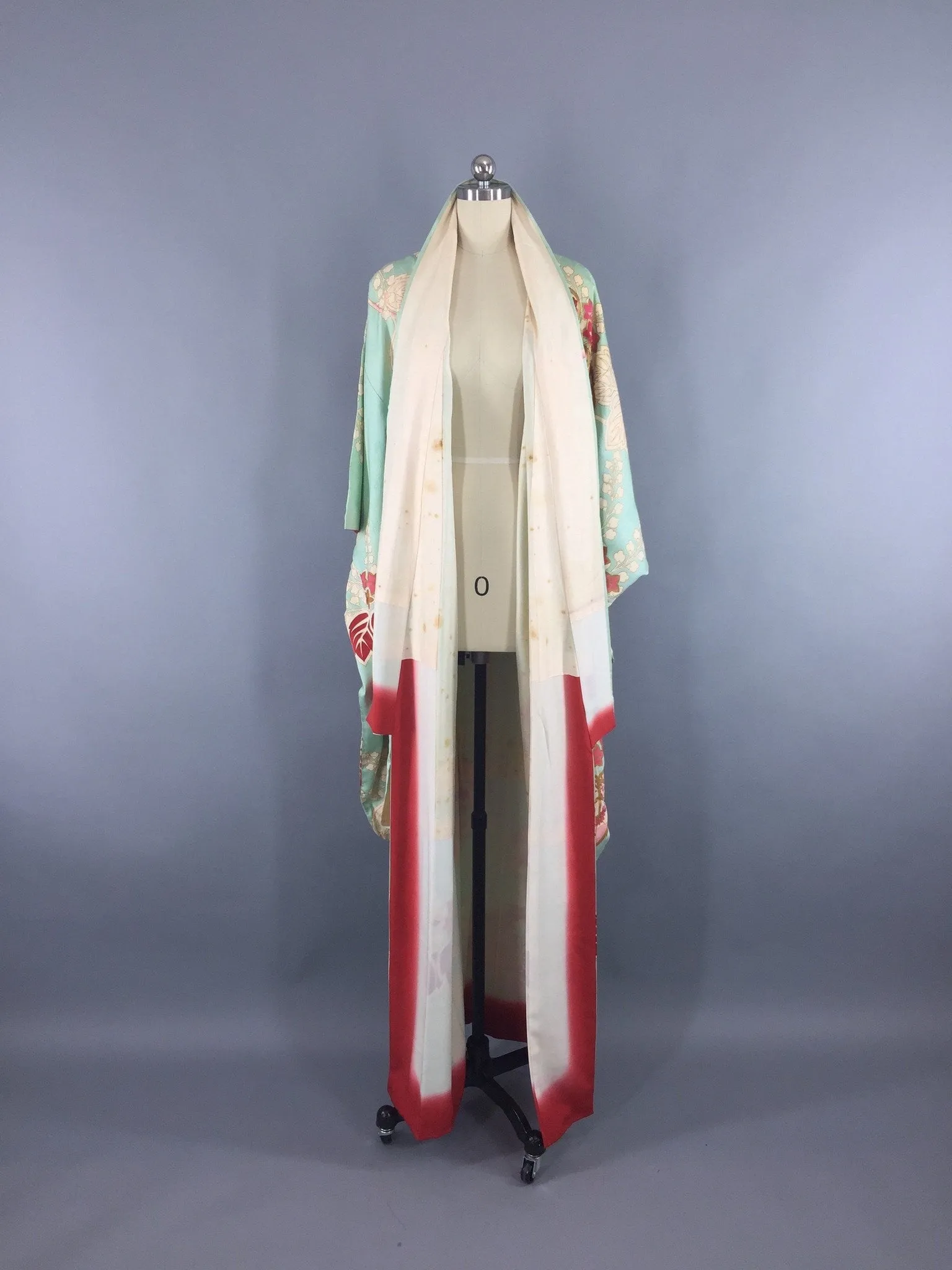 Vintage 1950s Silk Kimono Robe / Aqua & Red Floral Print Furisode