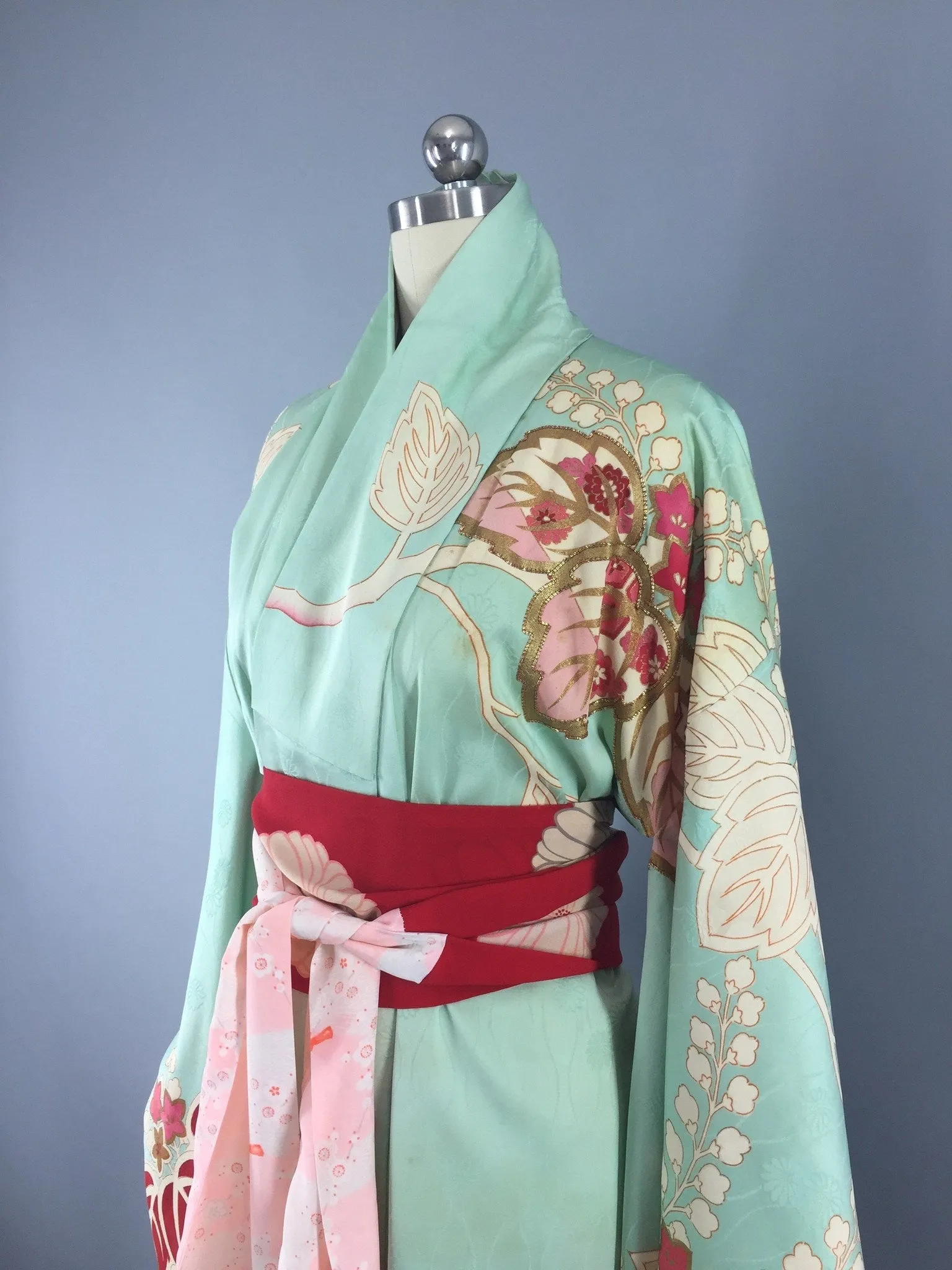Vintage 1950s Silk Kimono Robe / Aqua & Red Floral Print Furisode
