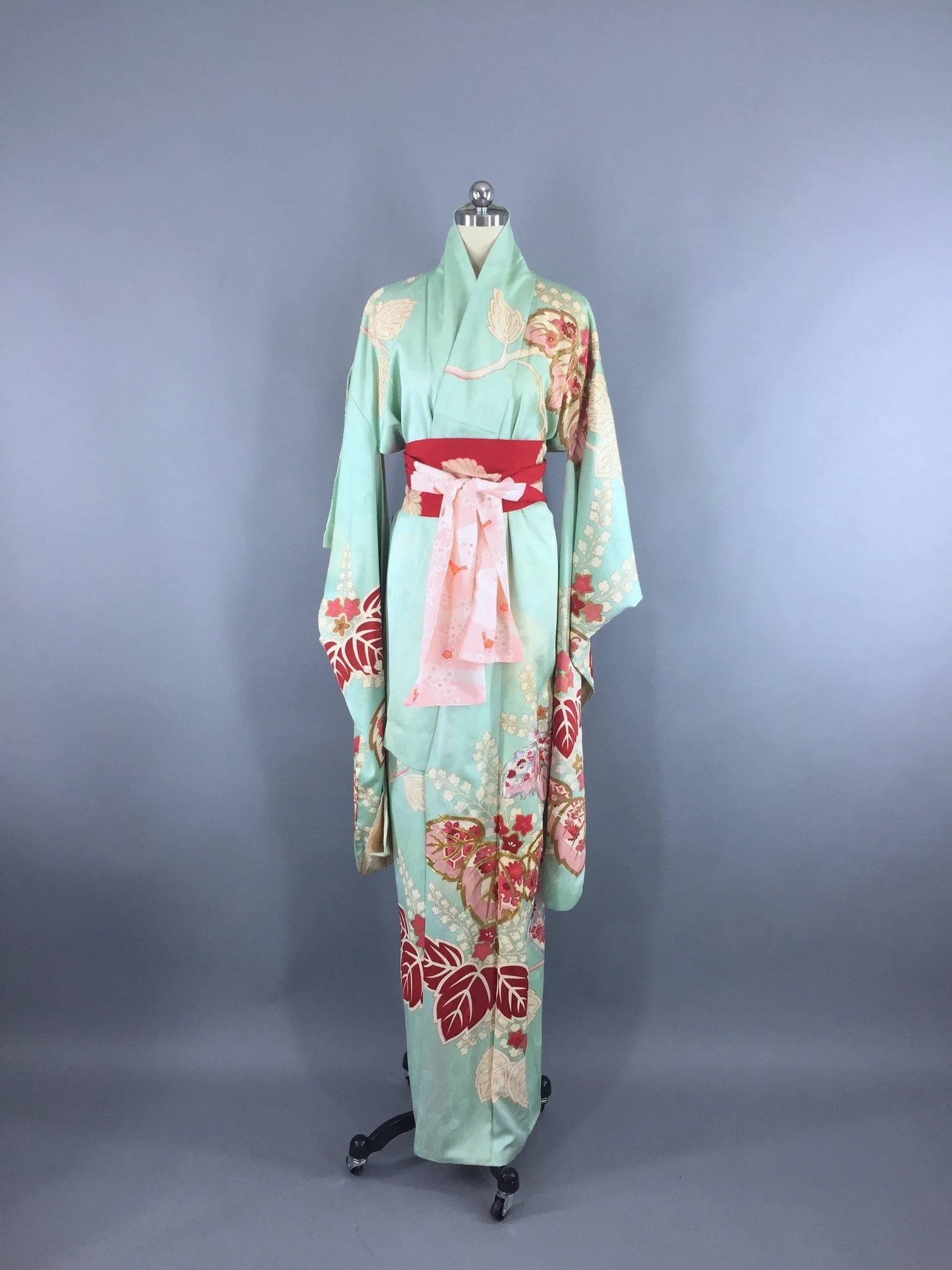 Vintage 1950s Silk Kimono Robe / Aqua & Red Floral Print Furisode