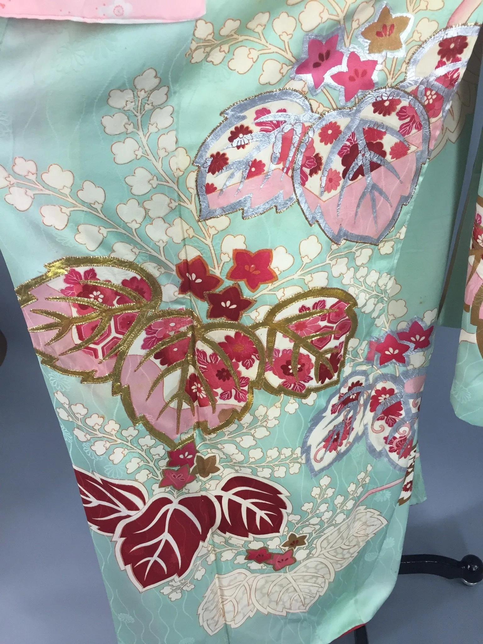 Vintage 1950s Silk Kimono Robe / Aqua & Red Floral Print Furisode