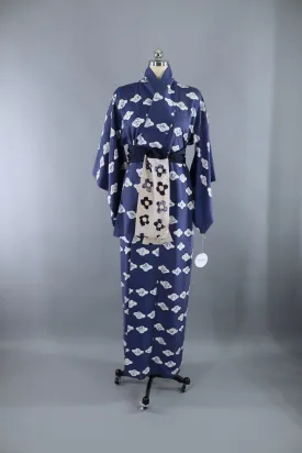 Vintage 1950s Silk Kimono Robe / Blue Watercolor
