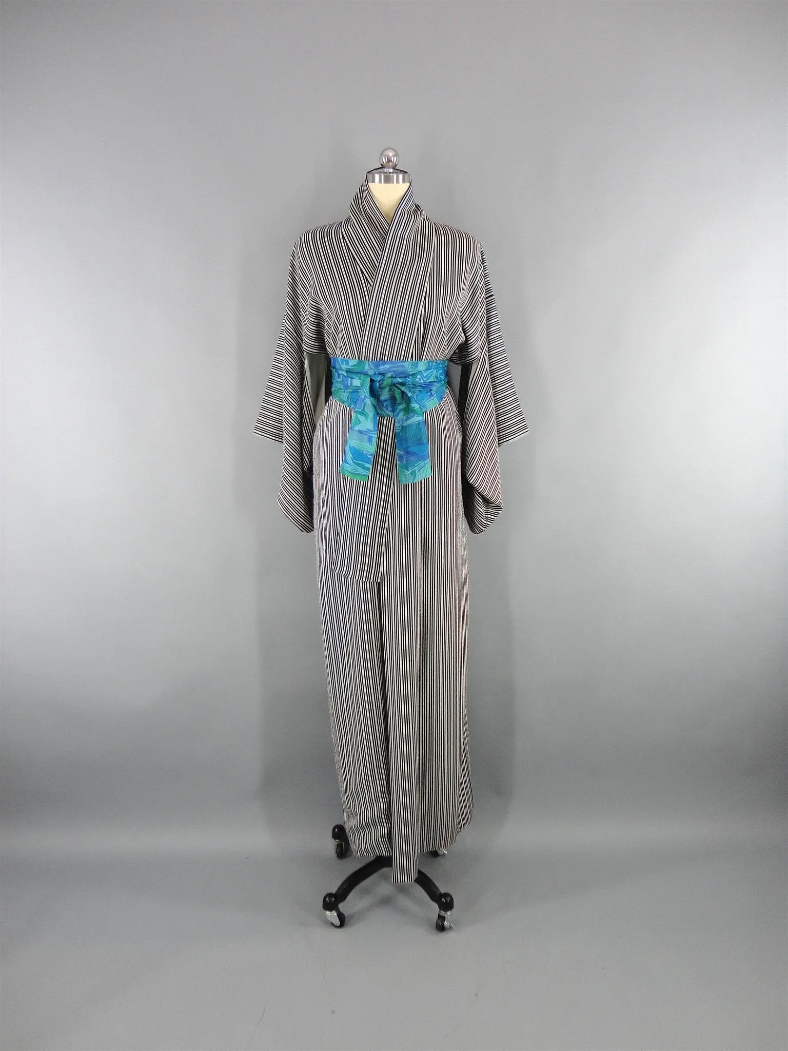 Vintage 1960s Kimono Robe Black and White Pinstripes