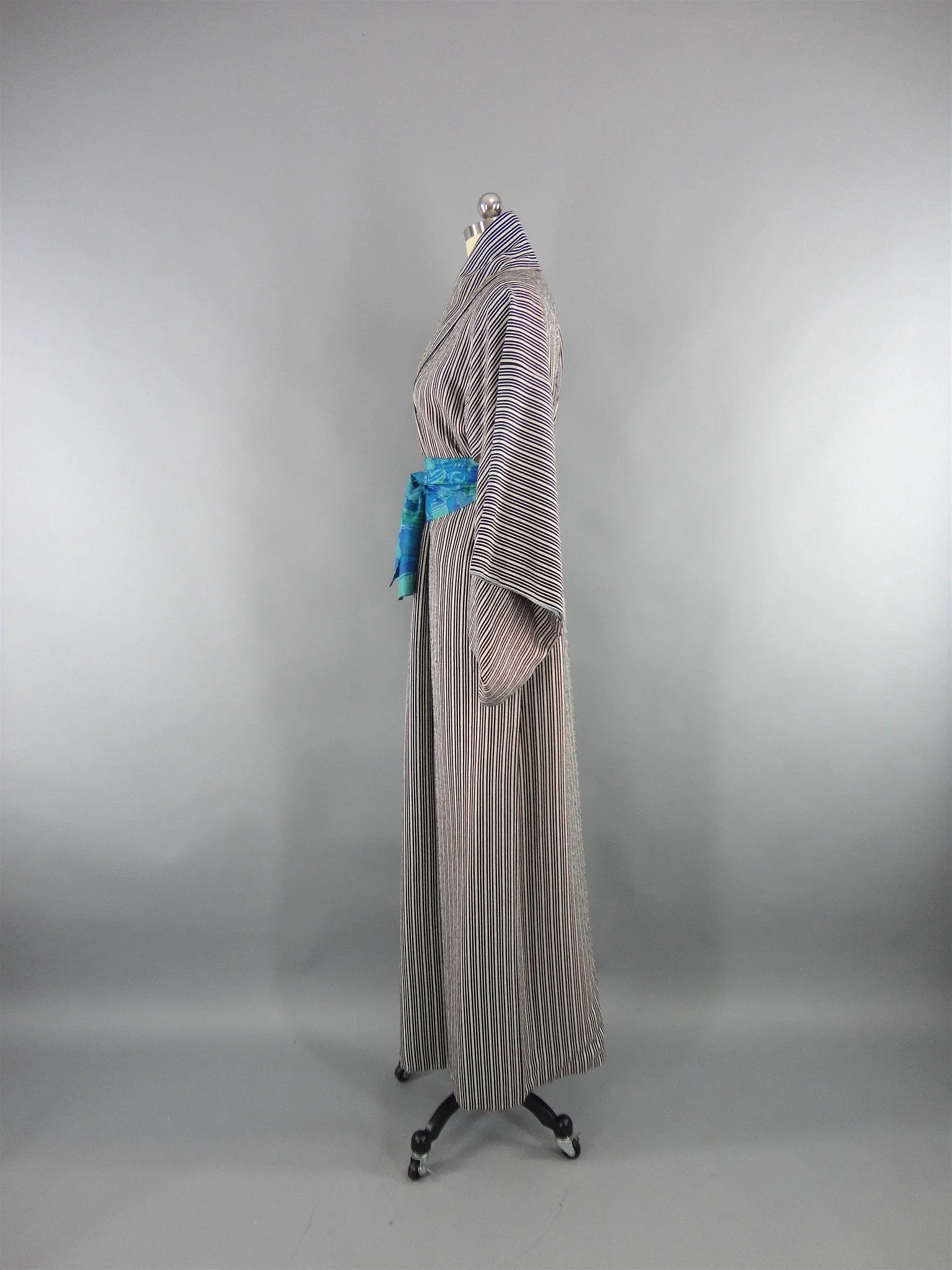 Vintage 1960s Kimono Robe Black and White Pinstripes