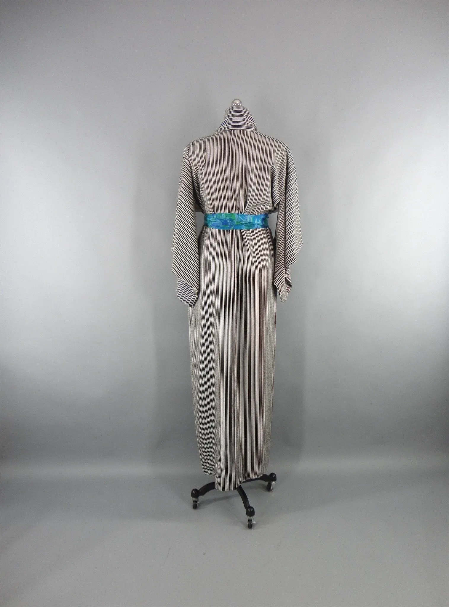 Vintage 1960s Kimono Robe Black and White Pinstripes