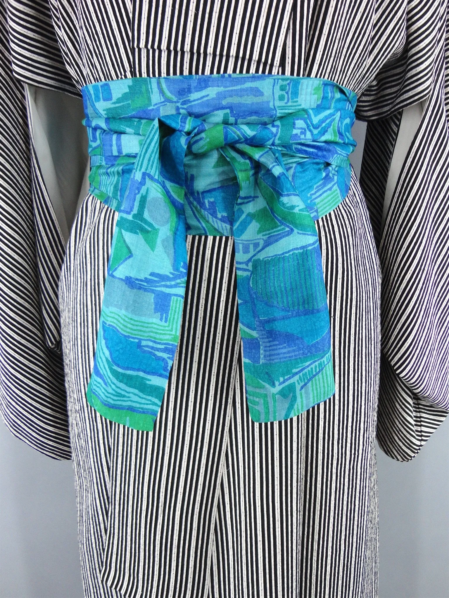 Vintage 1960s Kimono Robe Black and White Pinstripes