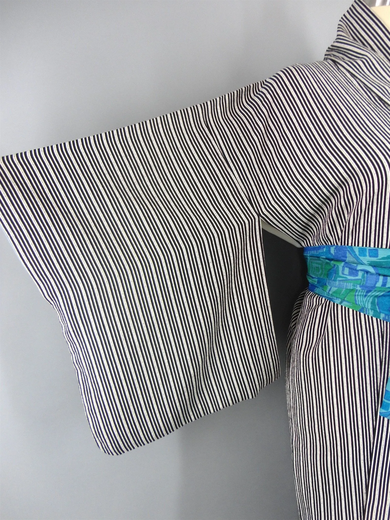 Vintage 1960s Kimono Robe Black and White Pinstripes