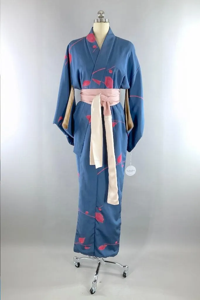 Vintage Blue & Pink Leaves Silk Kimono