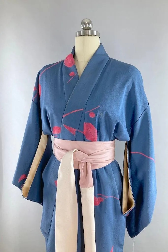 Vintage Blue & Pink Leaves Silk Kimono