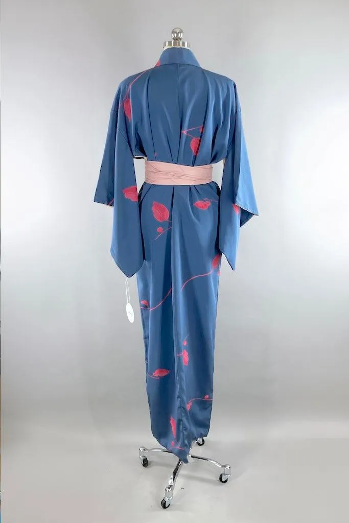 Vintage Blue & Pink Leaves Silk Kimono