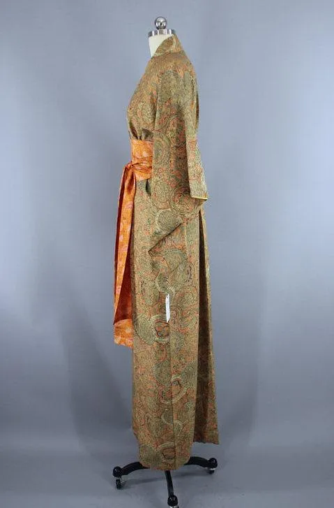 Vintage Silk Kimono Robe / Green Orange Dragons