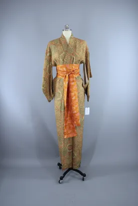 Vintage Silk Kimono Robe / Green Orange Dragons