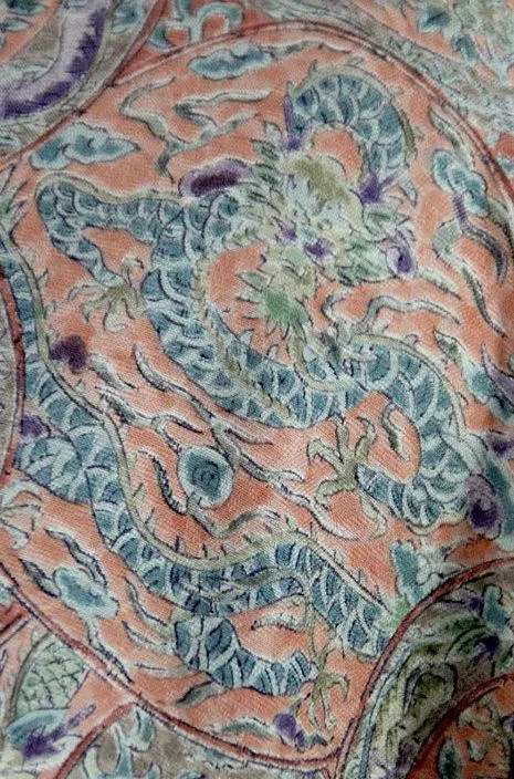Vintage Silk Kimono Robe / Green Orange Dragons