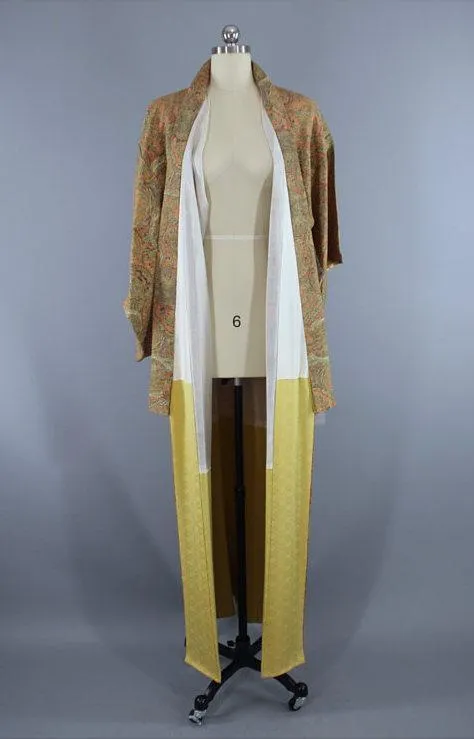 Vintage Silk Kimono Robe / Green Orange Dragons