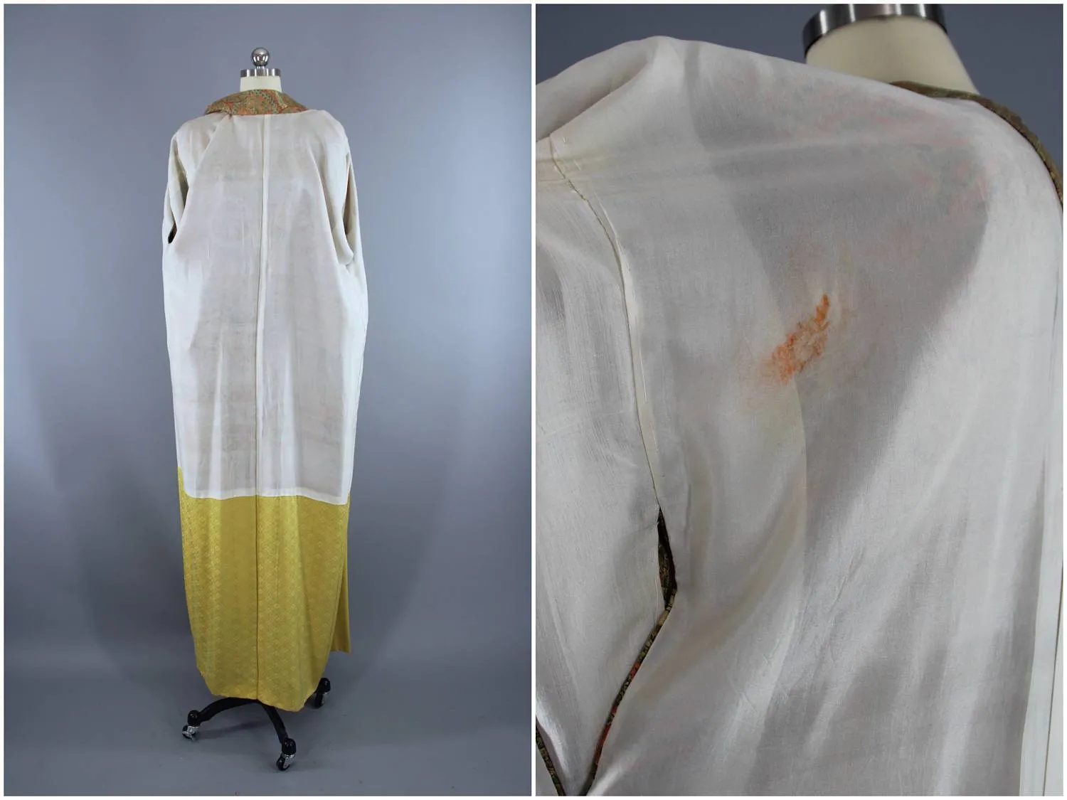 Vintage Silk Kimono Robe / Green Orange Dragons