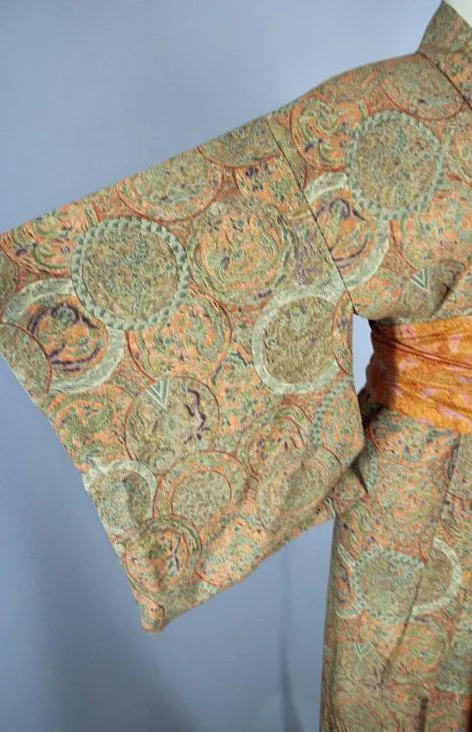 Vintage Silk Kimono Robe / Green Orange Dragons