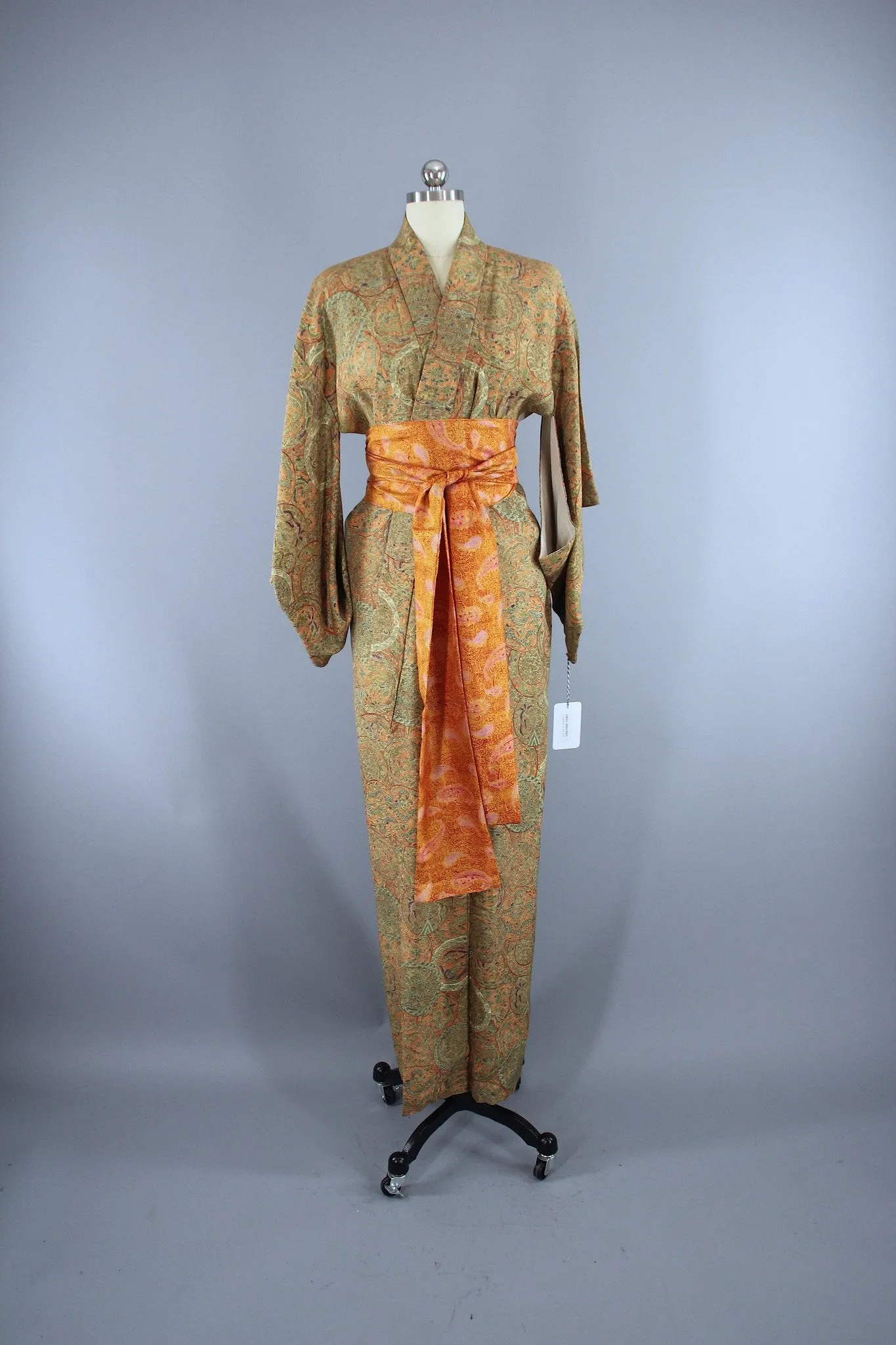 Vintage Silk Kimono Robe / Green Orange Dragons