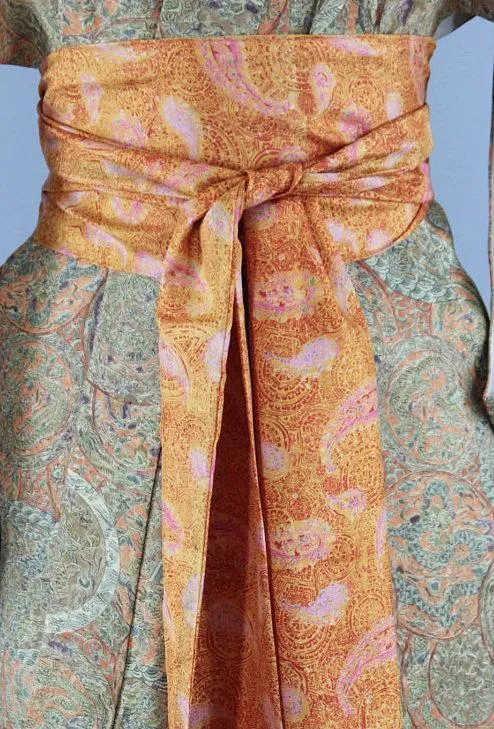 Vintage Silk Kimono Robe / Green Orange Dragons