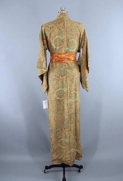 Vintage Silk Kimono Robe / Green Orange Dragons