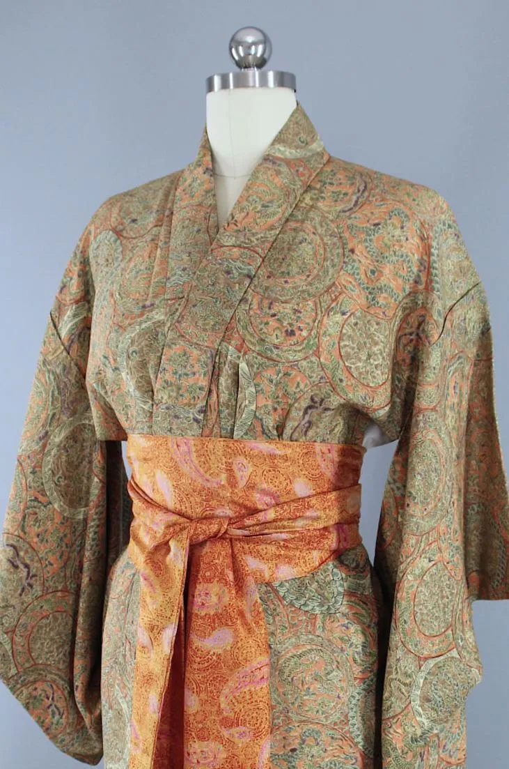 Vintage Silk Kimono Robe / Green Orange Dragons