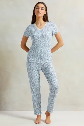Women Blue Floral Printed Pyjama Set (2 Piece)