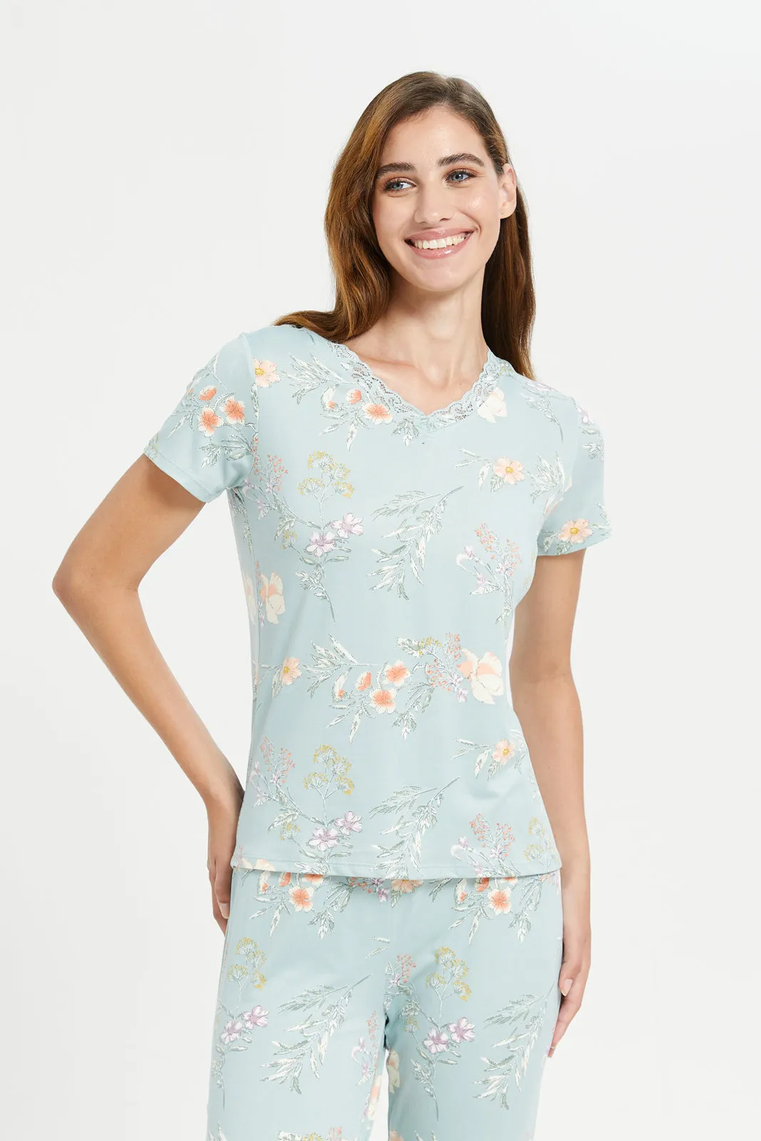 Women Blue Floral Short Sleeves Pyjama Set (2 Piece)