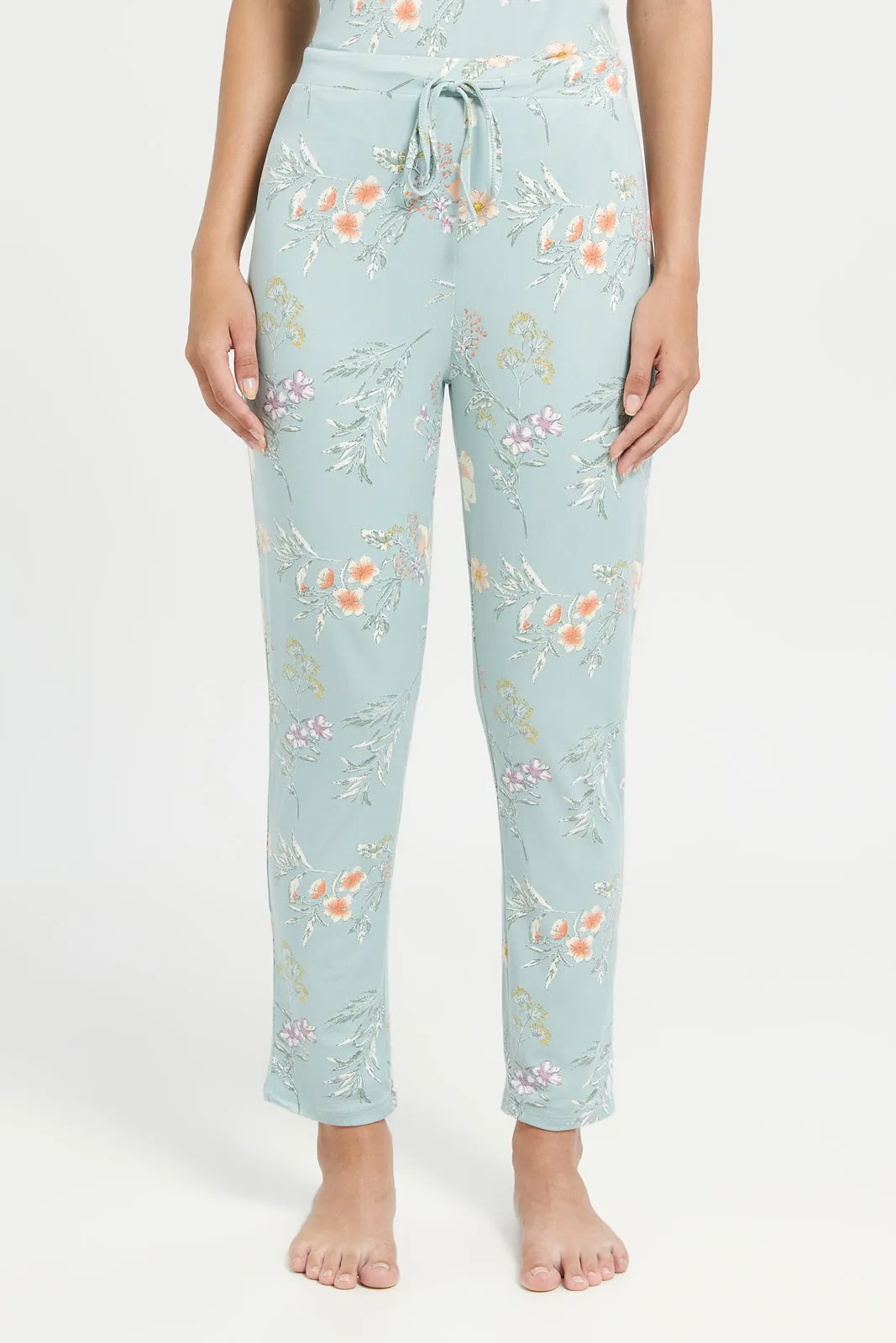Women Blue Floral Short Sleeves Pyjama Set (2 Piece)