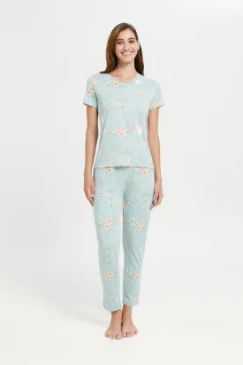 Women Blue Floral Short Sleeves Pyjama Set (2 Piece)