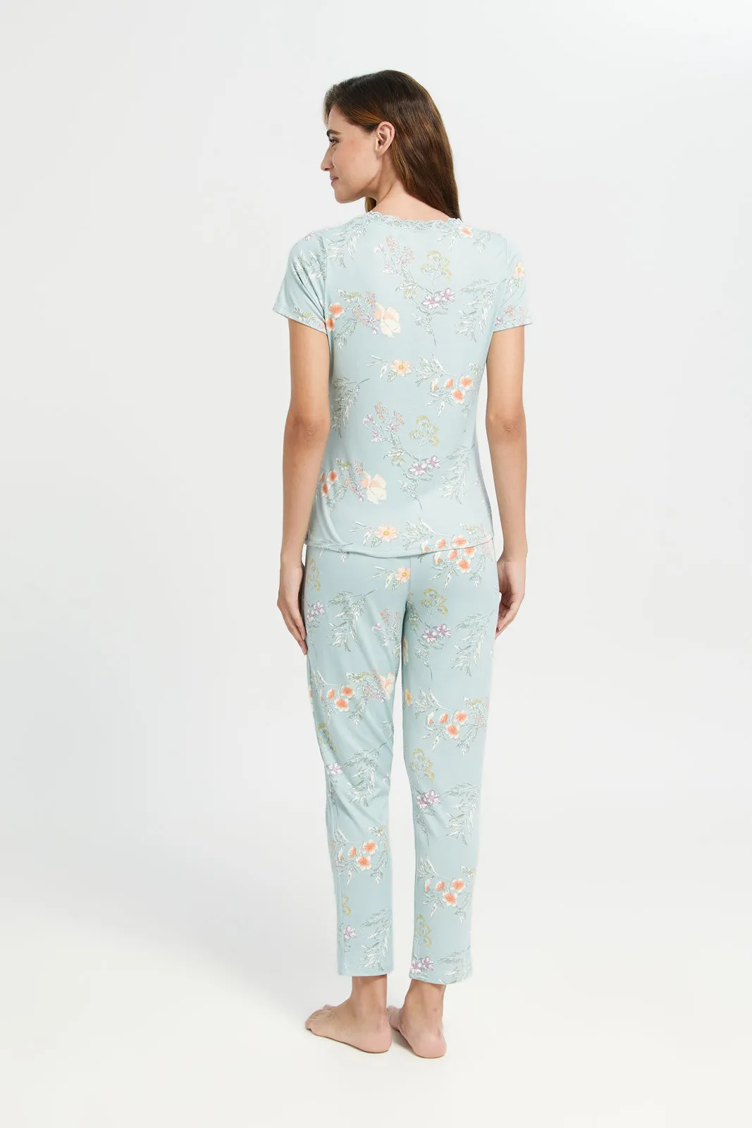 Women Blue Floral Short Sleeves Pyjama Set (2 Piece)
