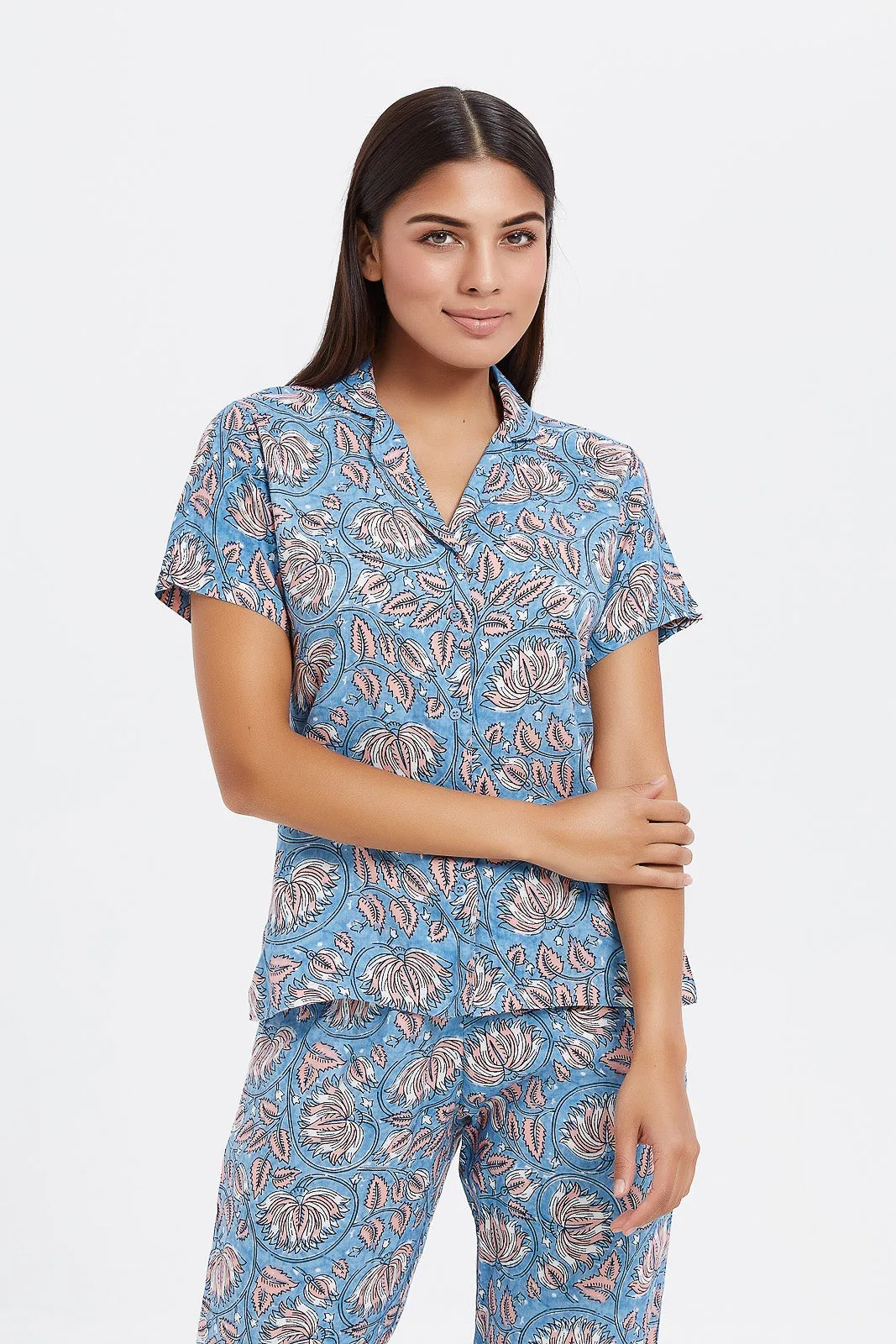 Women Blue Printed Pyjama Set (2 Piece)