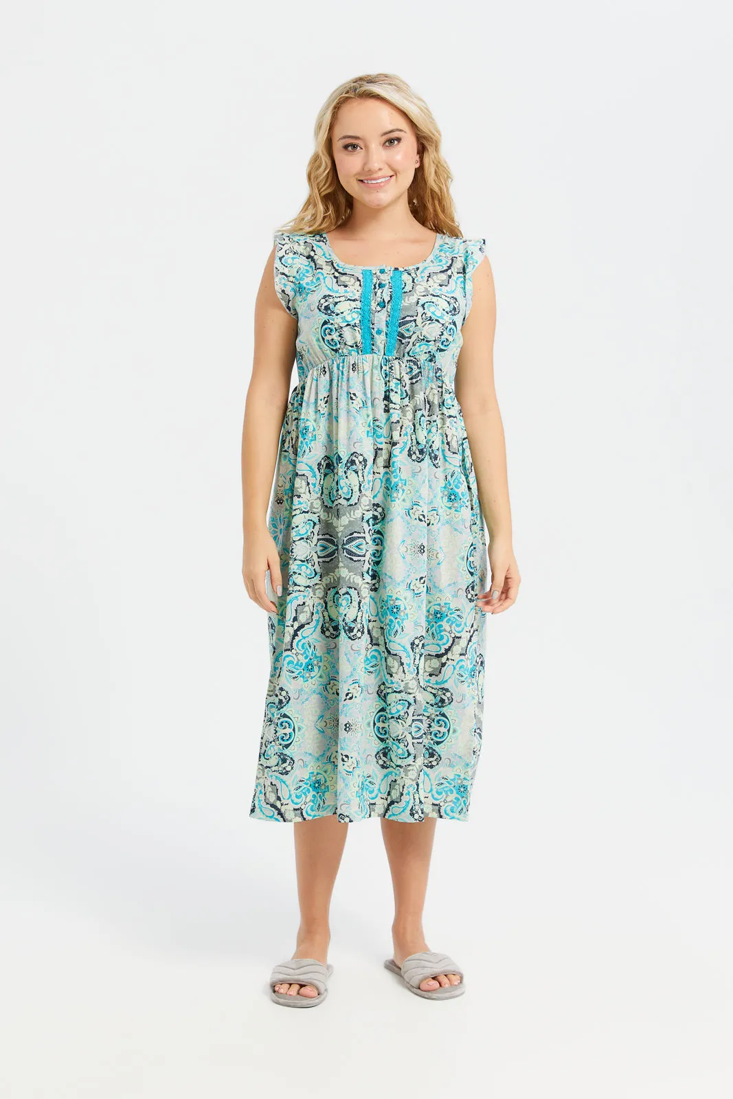 Women Grey Printed Nightgown