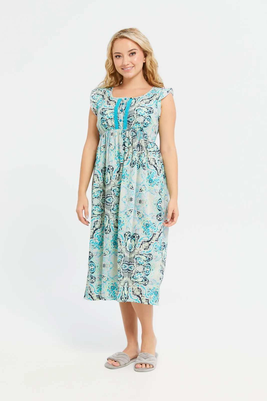 Women Grey Printed Nightgown
