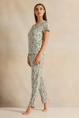 Women Olive Printed Pajama Set (2 Piece)
