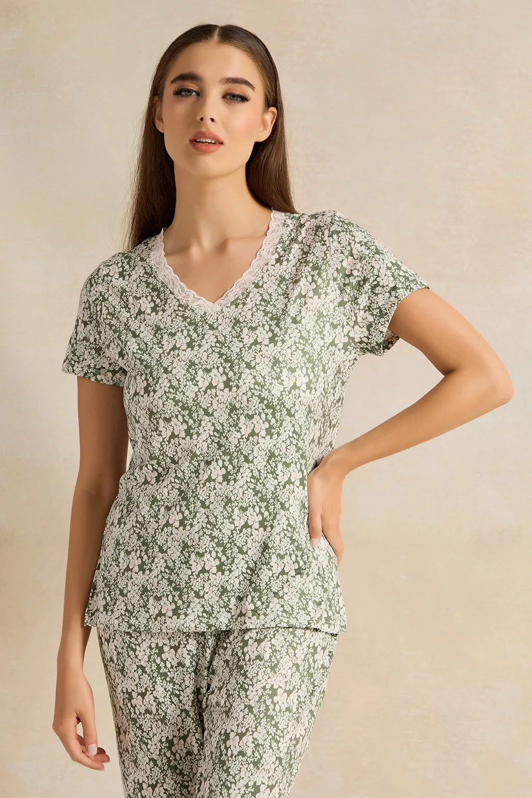 Women Olive Printed Pajama Set (2 Piece)