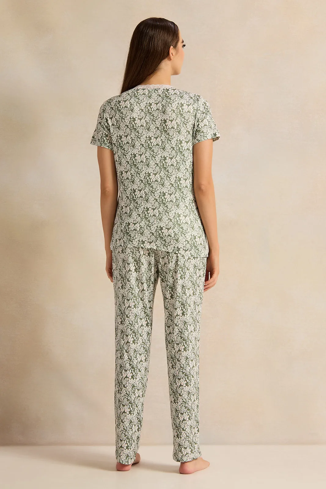 Women Olive Printed Pajama Set (2 Piece)