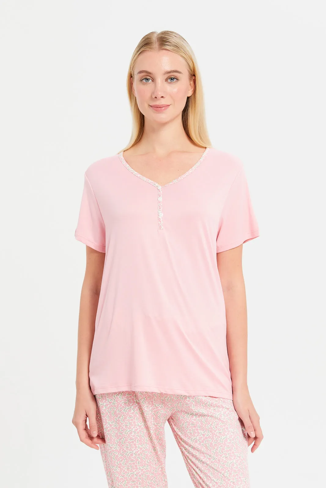 Women Pink Printed Pajama Set (2 Piece)