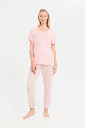 Women Pink Printed Pajama Set (2 Piece)