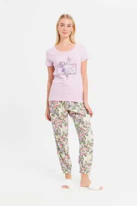 Women Purple And White Printed Pajama Set (2 Piece)