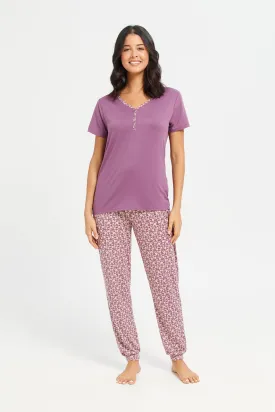 Women Purple Printed Pajama Set (2 Piece)