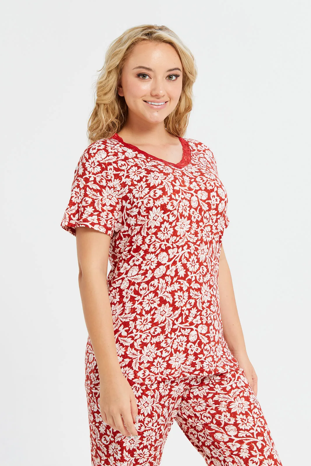 Women Red And White Printed Pyjama Set (2 Piece)